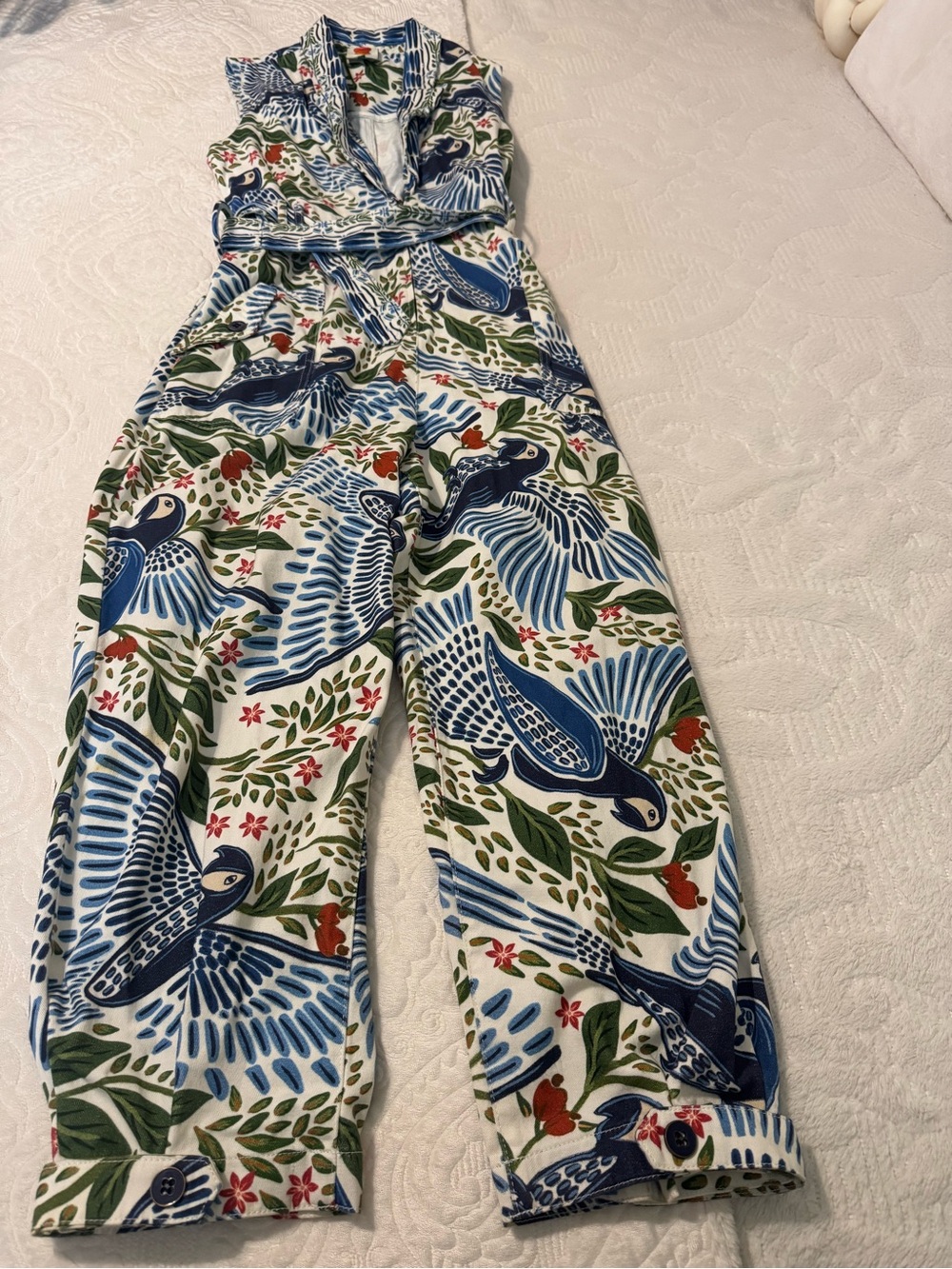 FARM Rio Blue Bird-Print Sleeveless Jumpsuit with Green Foliage